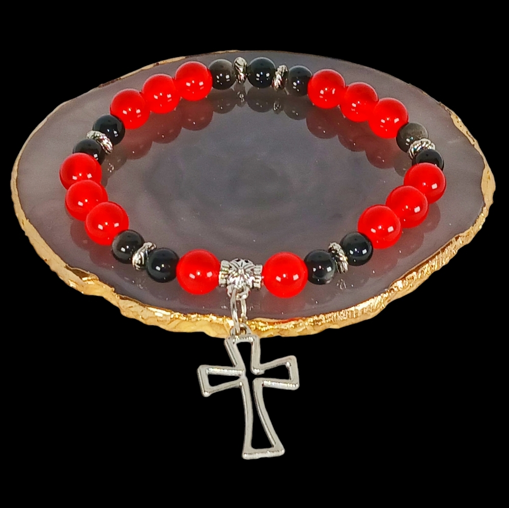 Red Jade & Obsidian Maltese Cross Crystal Bracelet Trad Goth Grunge Cottagegoth